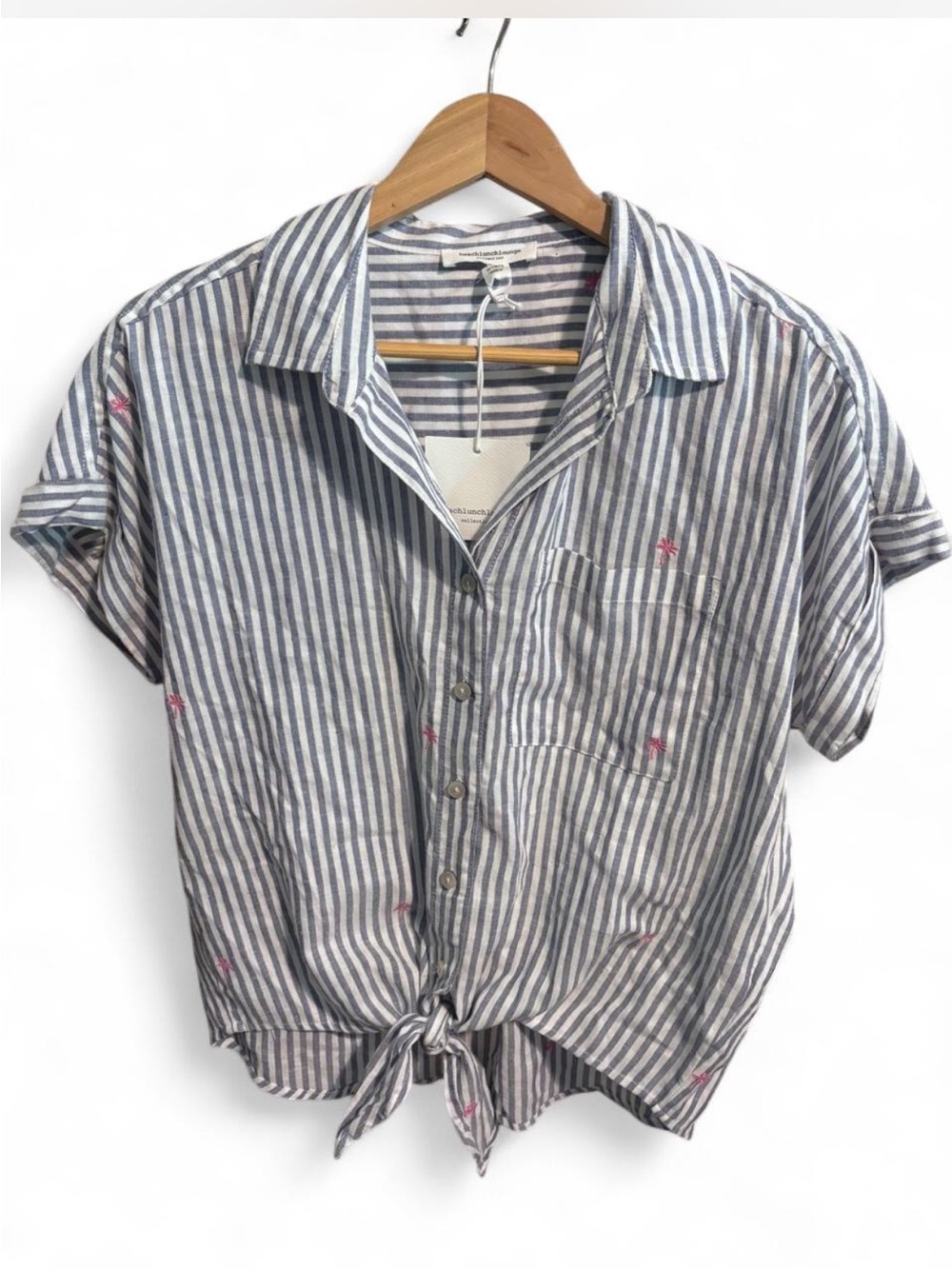 Beachlunchlounge Striped Blue Tie-Front Short Sleeve Shirt with Pink Embroidery - Picture 1 of 11